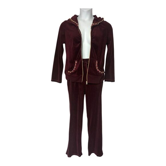 Monroe & Main Velour Tracksuit Burgundy Chain Trim Zipper Jacket Active Pant Set - Picture 6 of 16